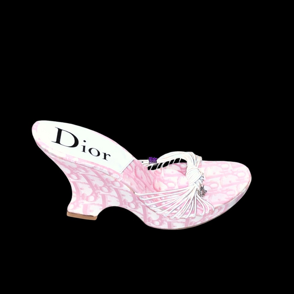 DIOR Girly Pink Monogram Logo Denim Trotter Platform Wedge Sandal Mule - Picture 7 of 15